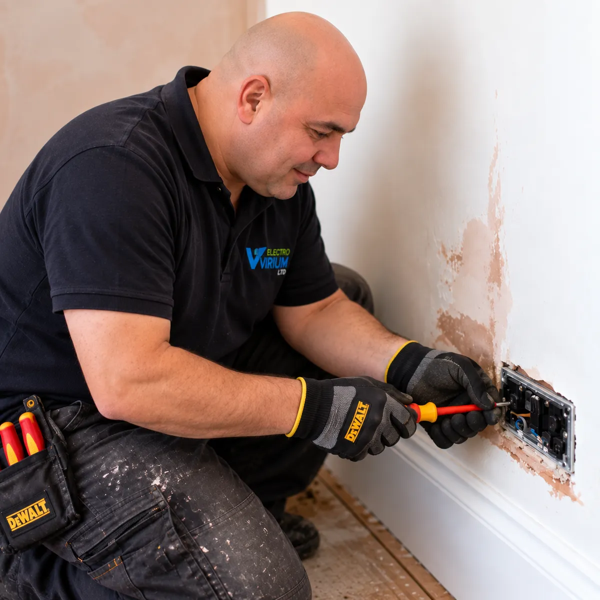 Gary from Electro Virium Ltd installing a domestic electrical socket in a plastered wall
