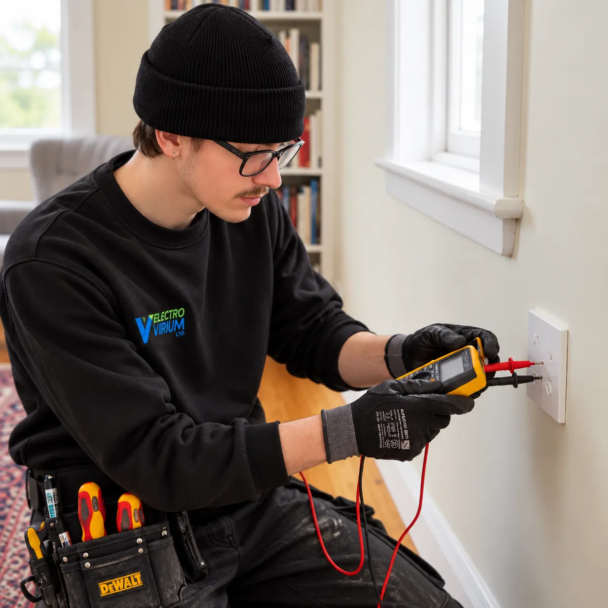 Max from Electro Virium Ltd carrying out electrical fault finding and testing a domestic wall socket using professional test equipment