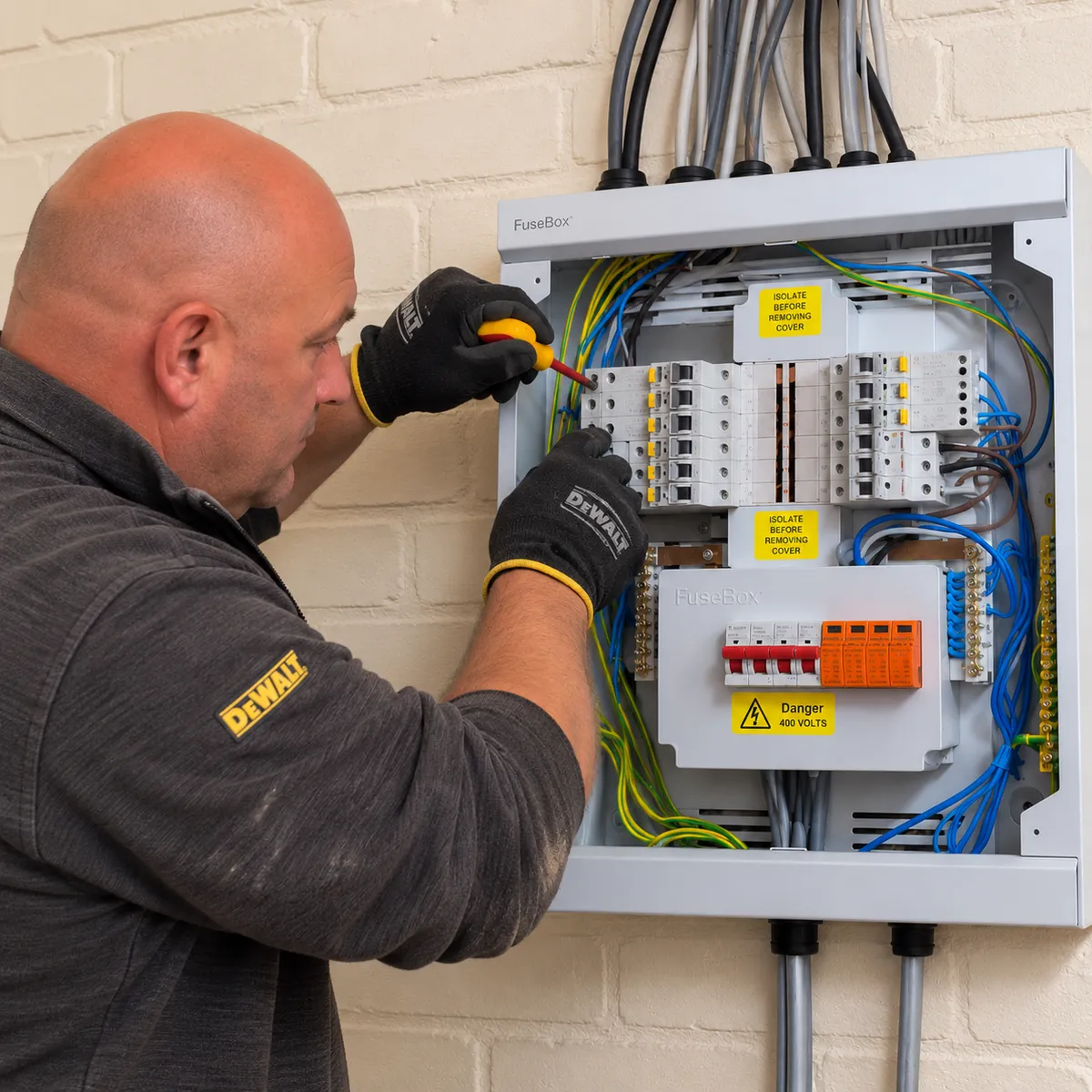 Gary from Electro Virium Ltd working on a neatly wired three-phase electrical distribution board in a commercial premises