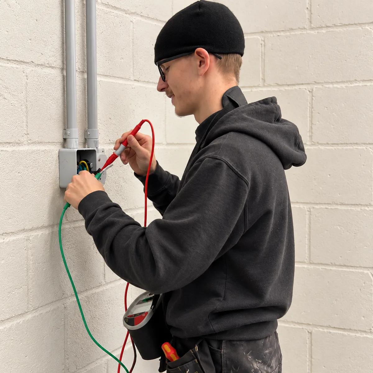 Max from Electro Virium Ltd carrying out electrical fault finding with a multimeter on a commercial electrical installation