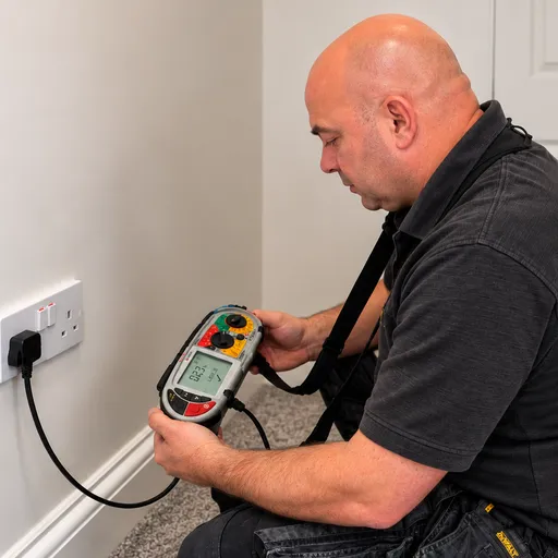 Gary from Electro Virium Ltd carrying out electrical safety testing on a domestic socket using professional EICR testing equipment