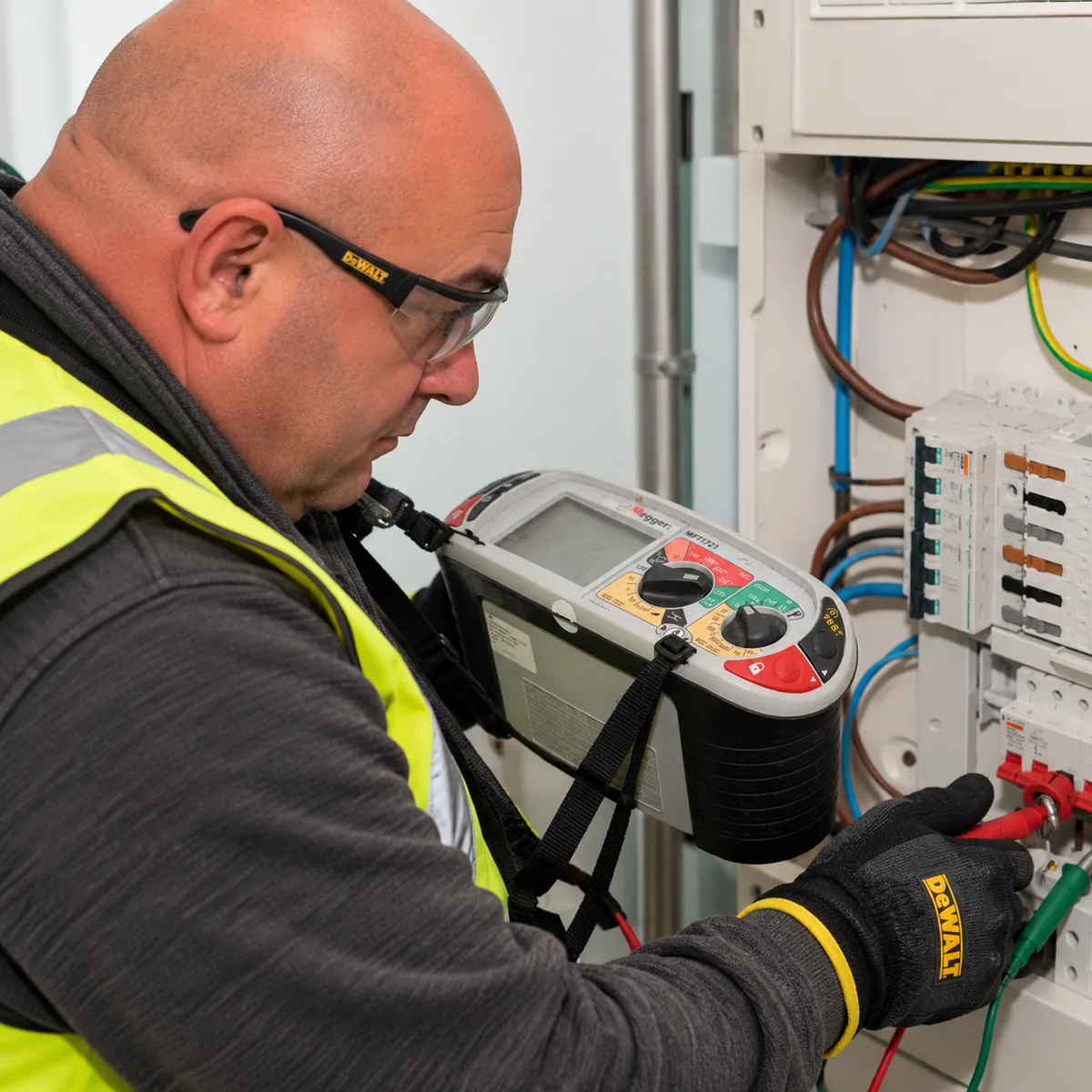 Gary from Electro Virium Ltd carrying out an EICR electrical safety inspection on a consumer unit using professional testing equipment