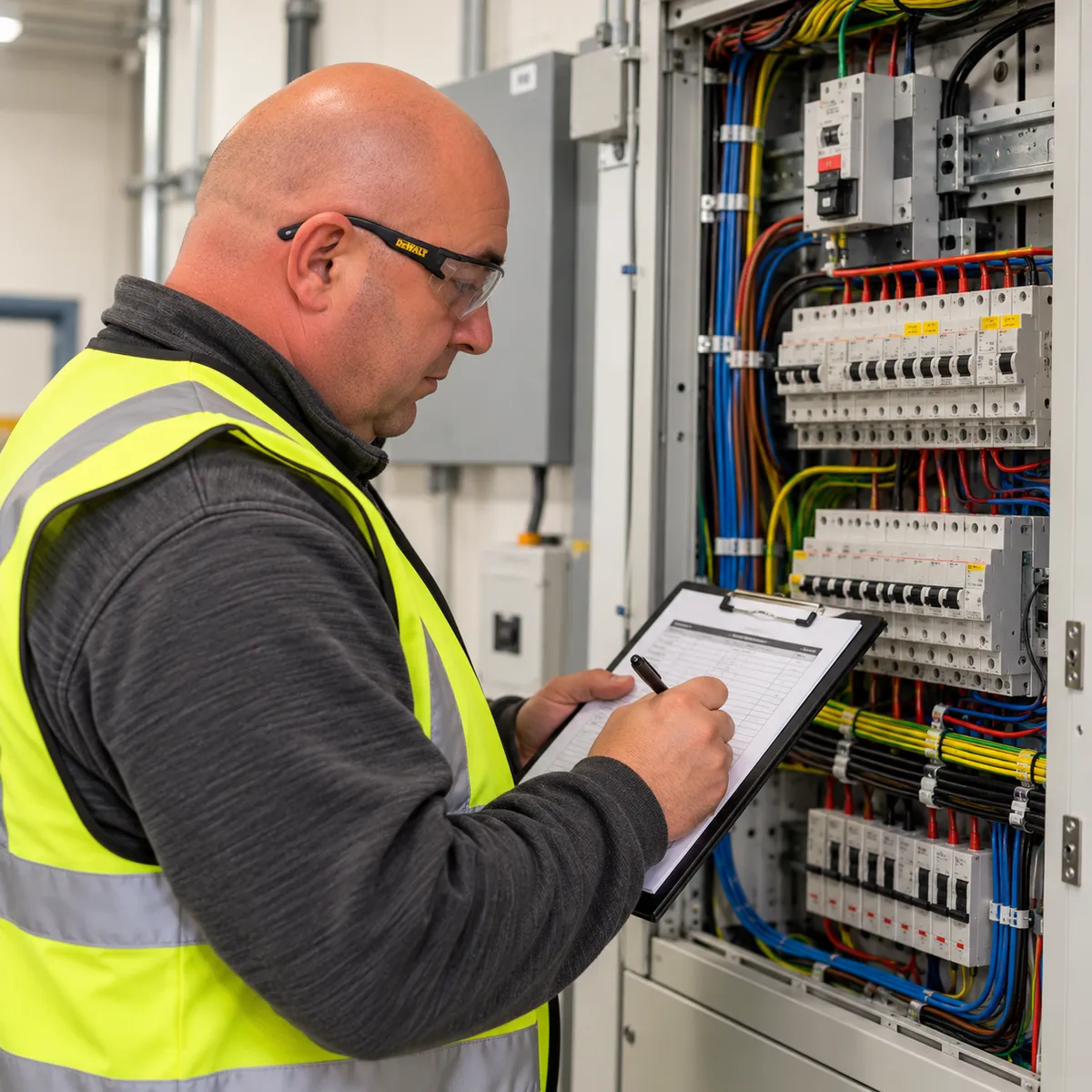 Gary from Electro Virium Ltd recording electrical inspection and testing results beside a commercial distribution board