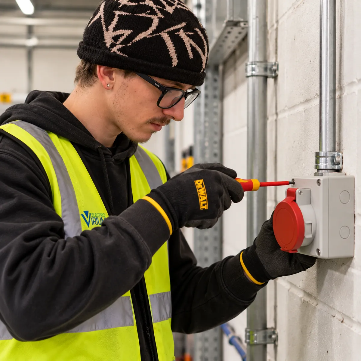 Max from Electro Virium Ltd carrying out remedial electrical repairs on a wall-mounted industrial electrical isolator