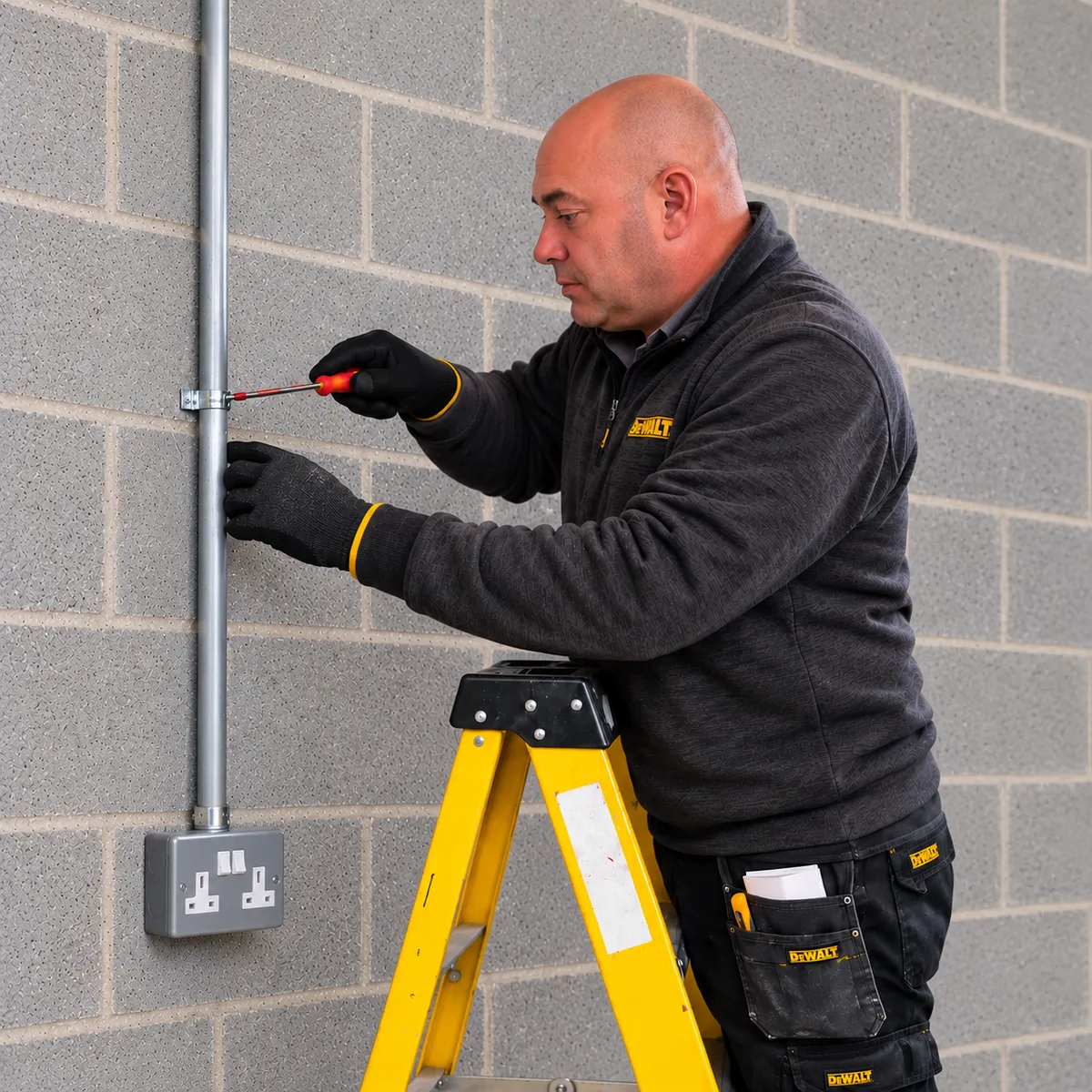 Gary from Electro Virium Ltd installing an industrial metal electrical socket with steel conduit on a commercial premises wall
