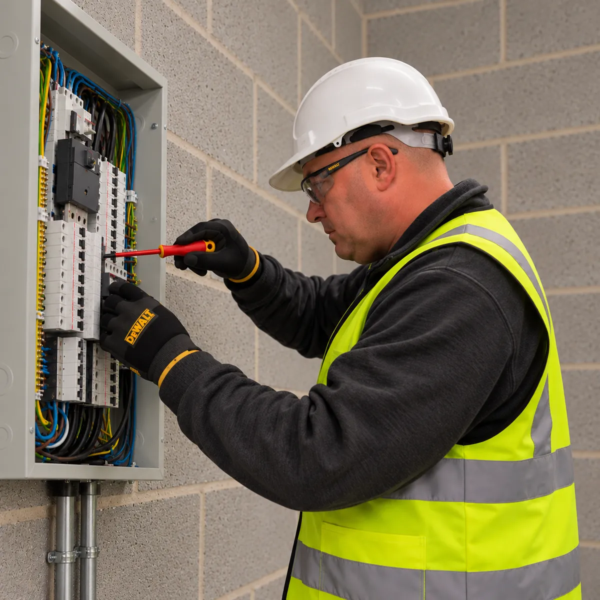 Gary from Electro Virium Ltd carrying out maintenance on a commercial electrical distribution board while wearing safety equipment