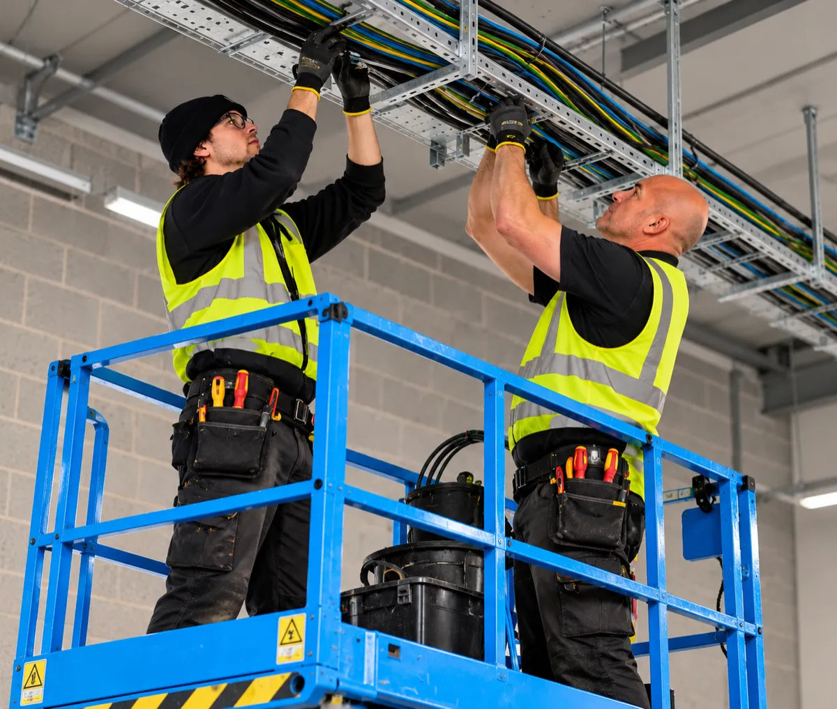 Gary and Max from Electro Virium Ltd installing overhead electrical cables into a ceiling supported cable tray in a commercial building using a scissor lift