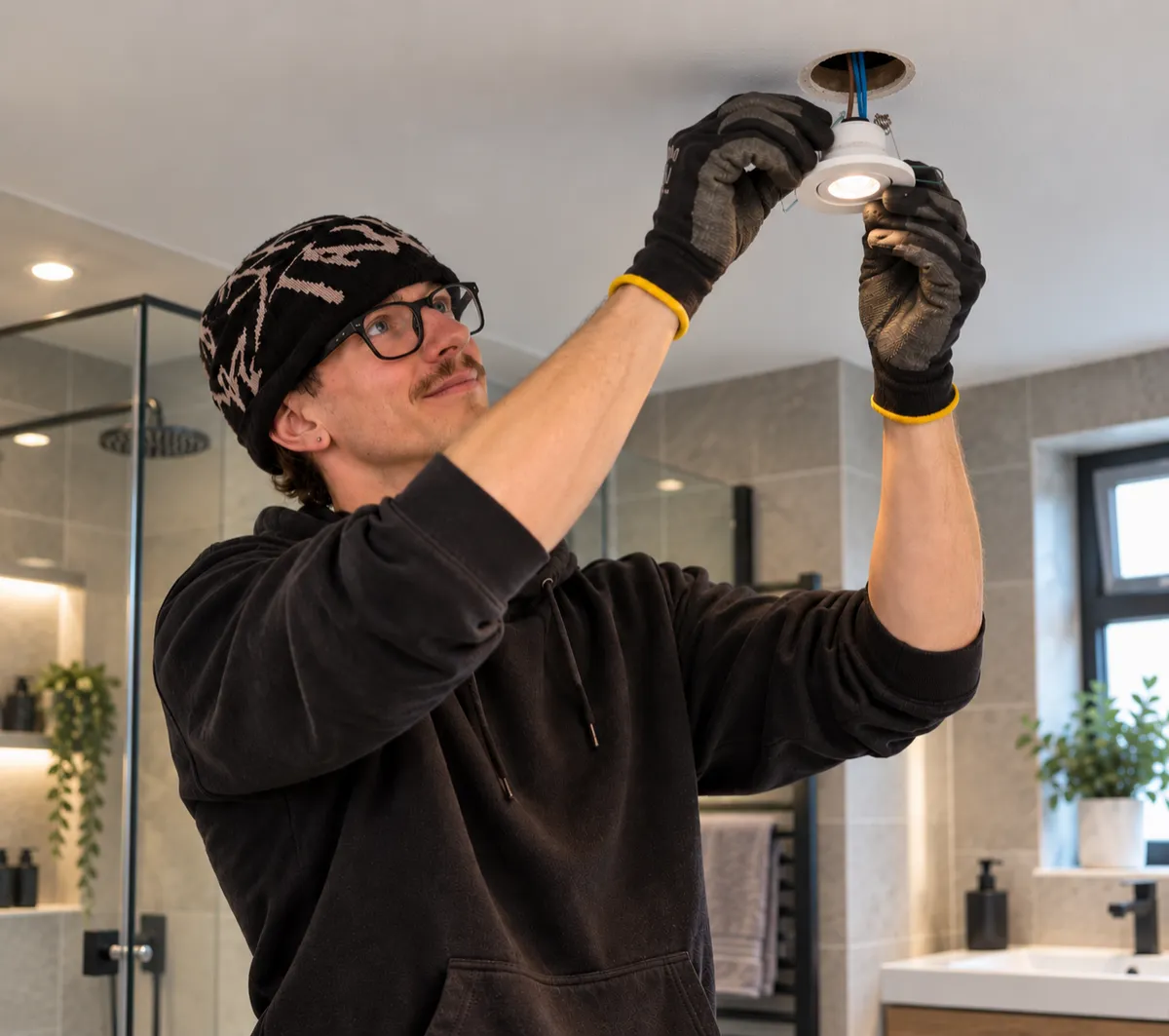 Max from Electro Virium Ltd installing a recessed LED ceiling spotlight in a modern domestic bathroom