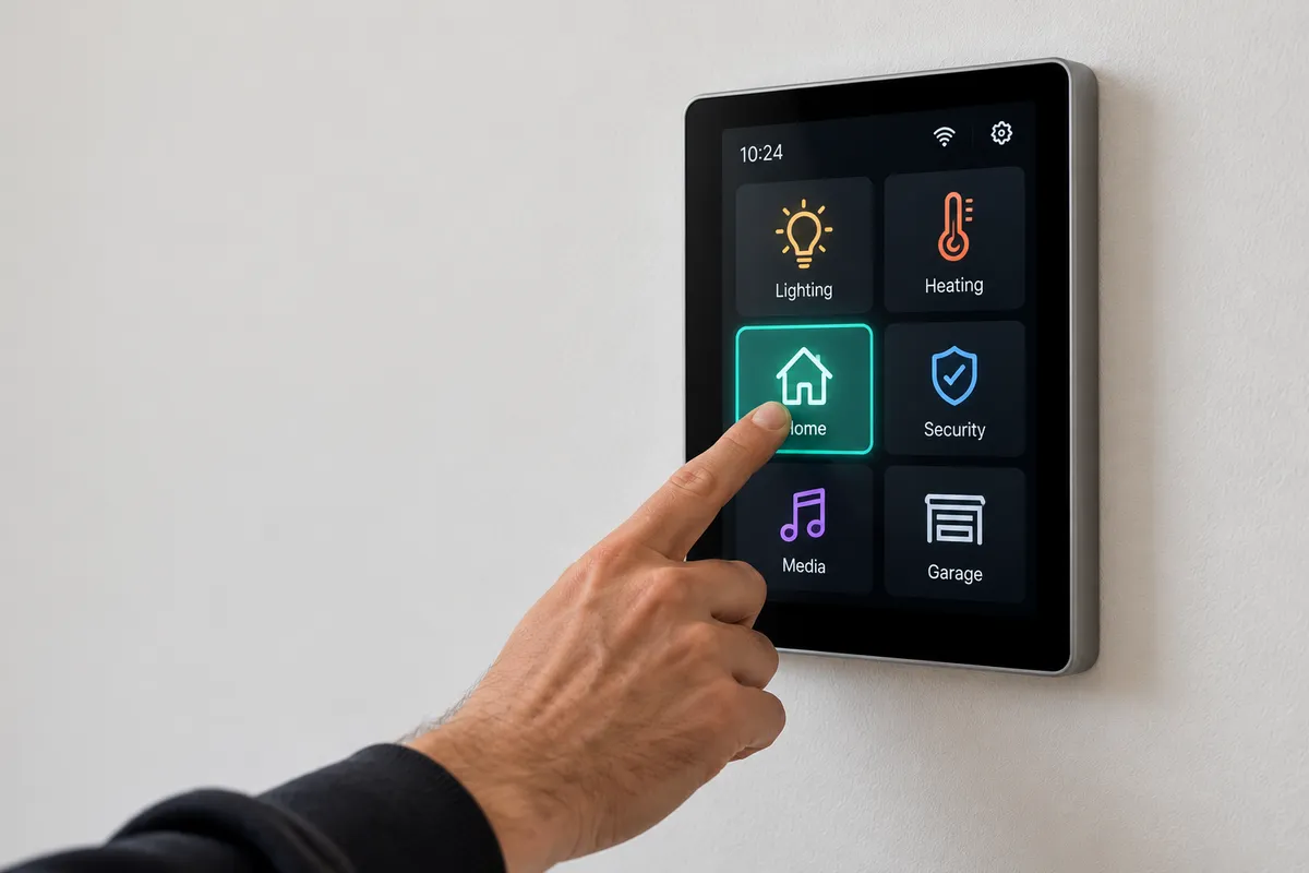 Smart home touchscreen control panel for lighting, heating and security, illustrating Electro Virium Ltd's lighting control services