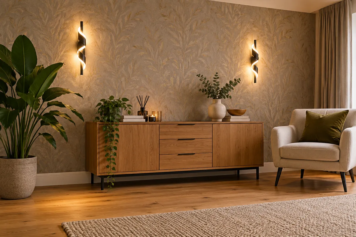 Modern living room with decorative wall-mounted LED lights providing warm ambient lighting, illustrating Electro Virium Ltd's services