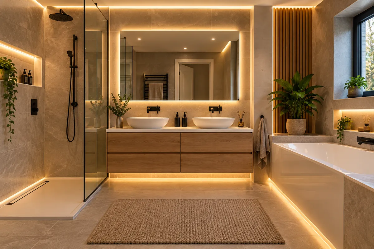 Contemporary bathroom with concealed LED strip lighting around mirrors, shower and cabinetry, illustrating Electro Virium Ltd's lighting services
