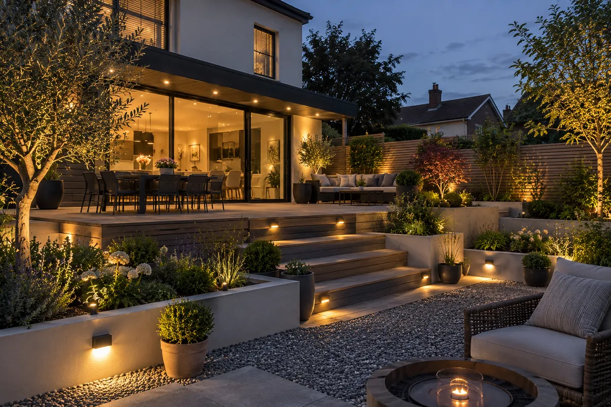Modern landscaped garden with LED patio, pathway, step and feature lighting, illustrating Electro Virium Ltd's outdoor lighting services