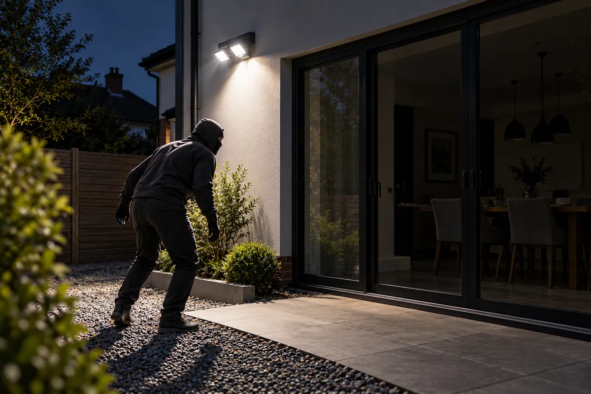 External PIR security floodlight illuminating a house patio and detecting an intruder, illustrating Electro Virium Ltd's security lighting services