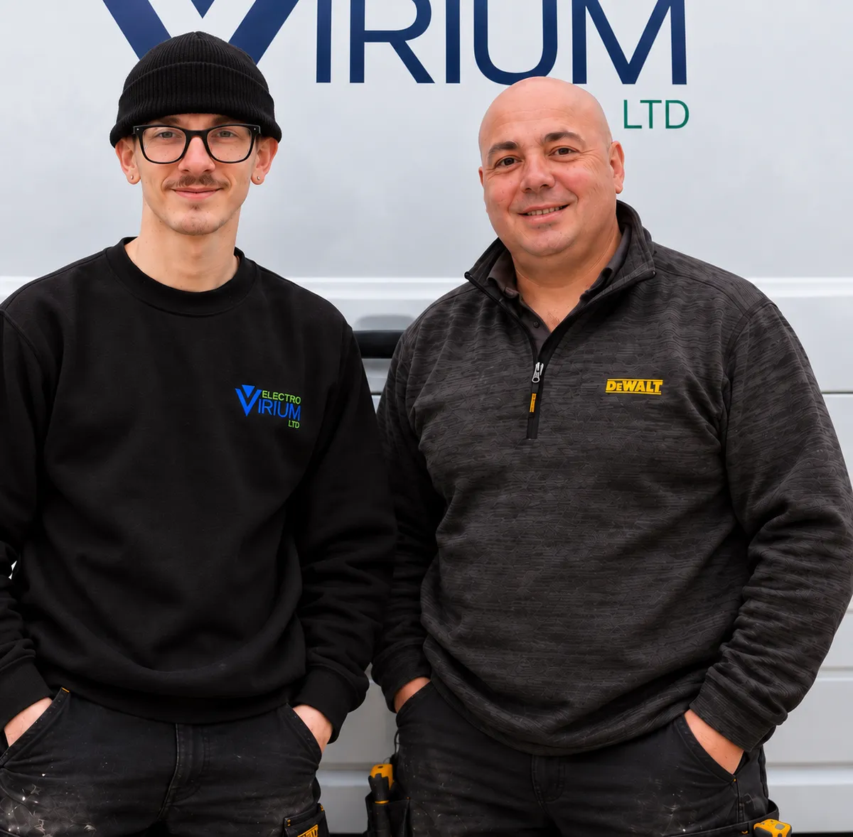 Gary and Max from Electro Virium Ltd, a family-run electrical business providing domestic and commercial electrical services in Macclesfield