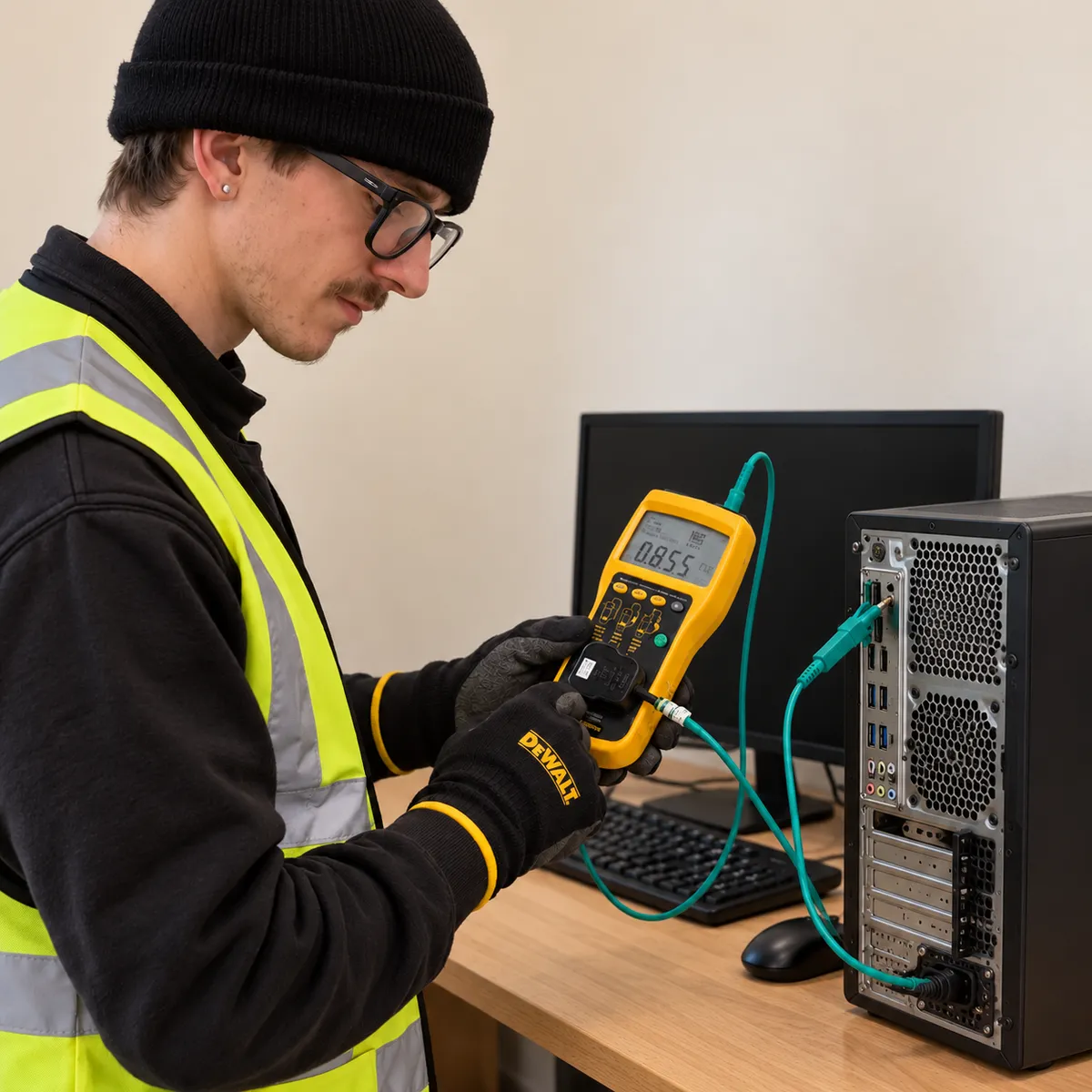 Max from Electro Virium Ltd carrying out portable appliance testing (PAT) on office computer equipment using an electrical tester