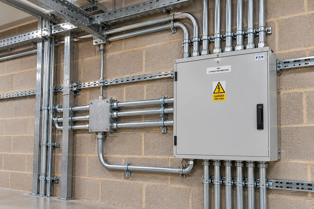 Commercial electrical distribution board with neatly installed steel conduit and cable containment, illustrating Electro Virium Ltd's commercial services