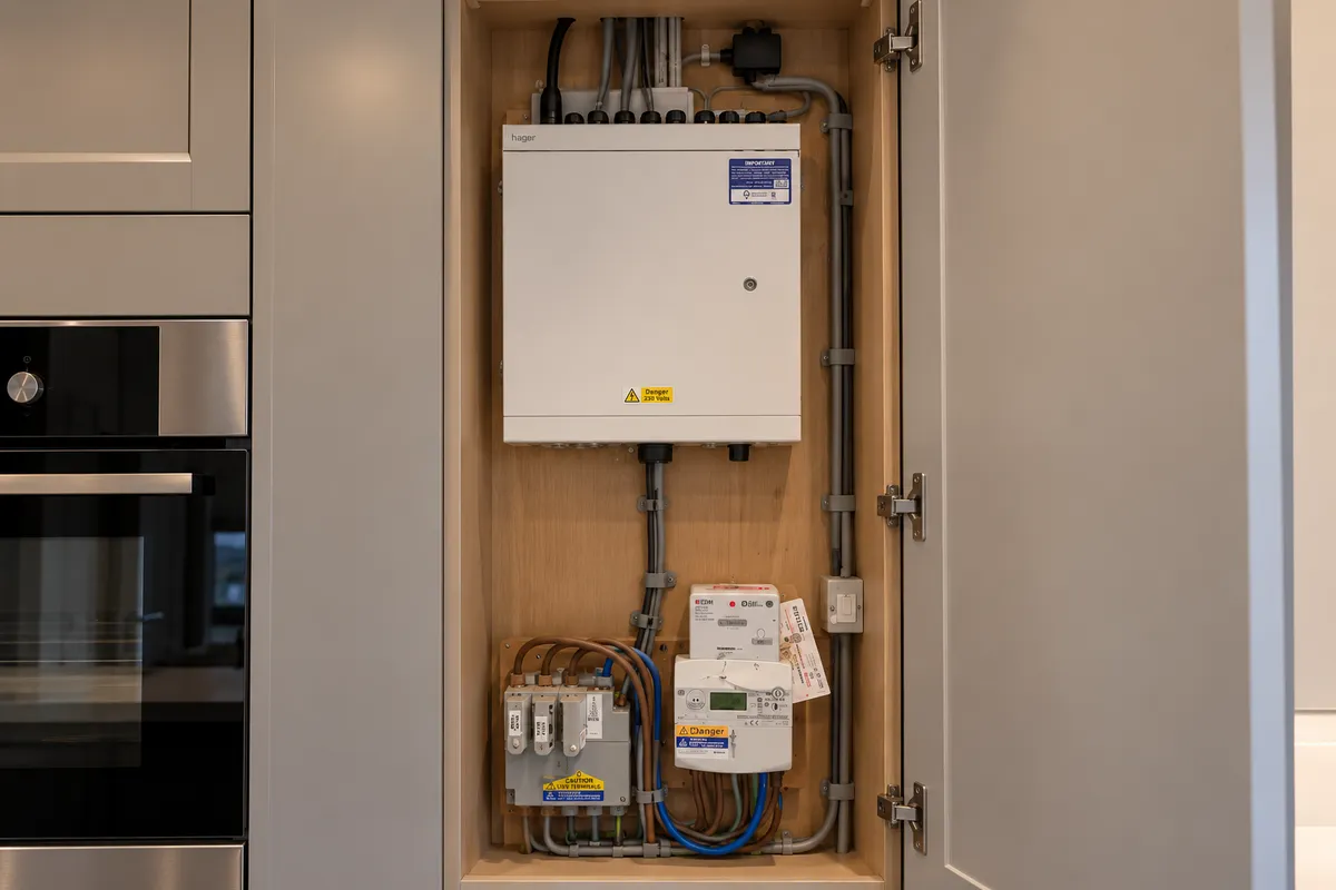 Domestic electrical meter and consumer unit installation neatly housed inside a kitchen cupboard, illustrating Electro Virium Ltd's electrical services
