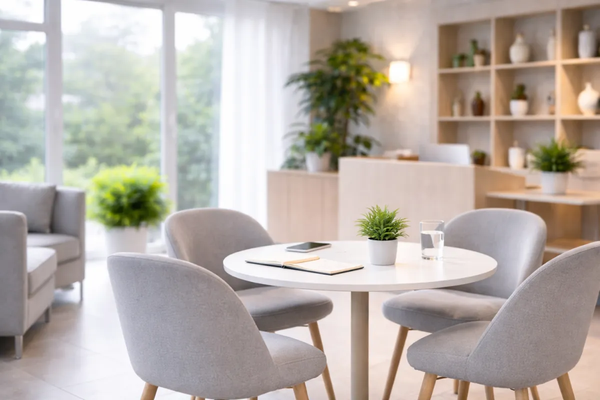 Bright, modern lounge area with a round white table, four gray chairs, small plants, a notebook and phone on the table, and a reception desk with shelving and greenery in the background.