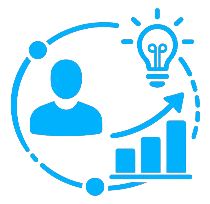 Context. Icon of a person with a light bulb and rising chart, representing understanding the business situation, pressures, and what is at stake.