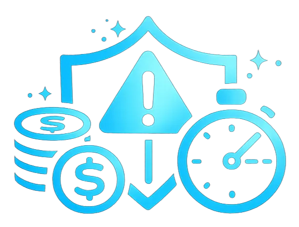 Icon of a shield with clock and coins, representing assessing risk, capital exposure, and timing before decisions.