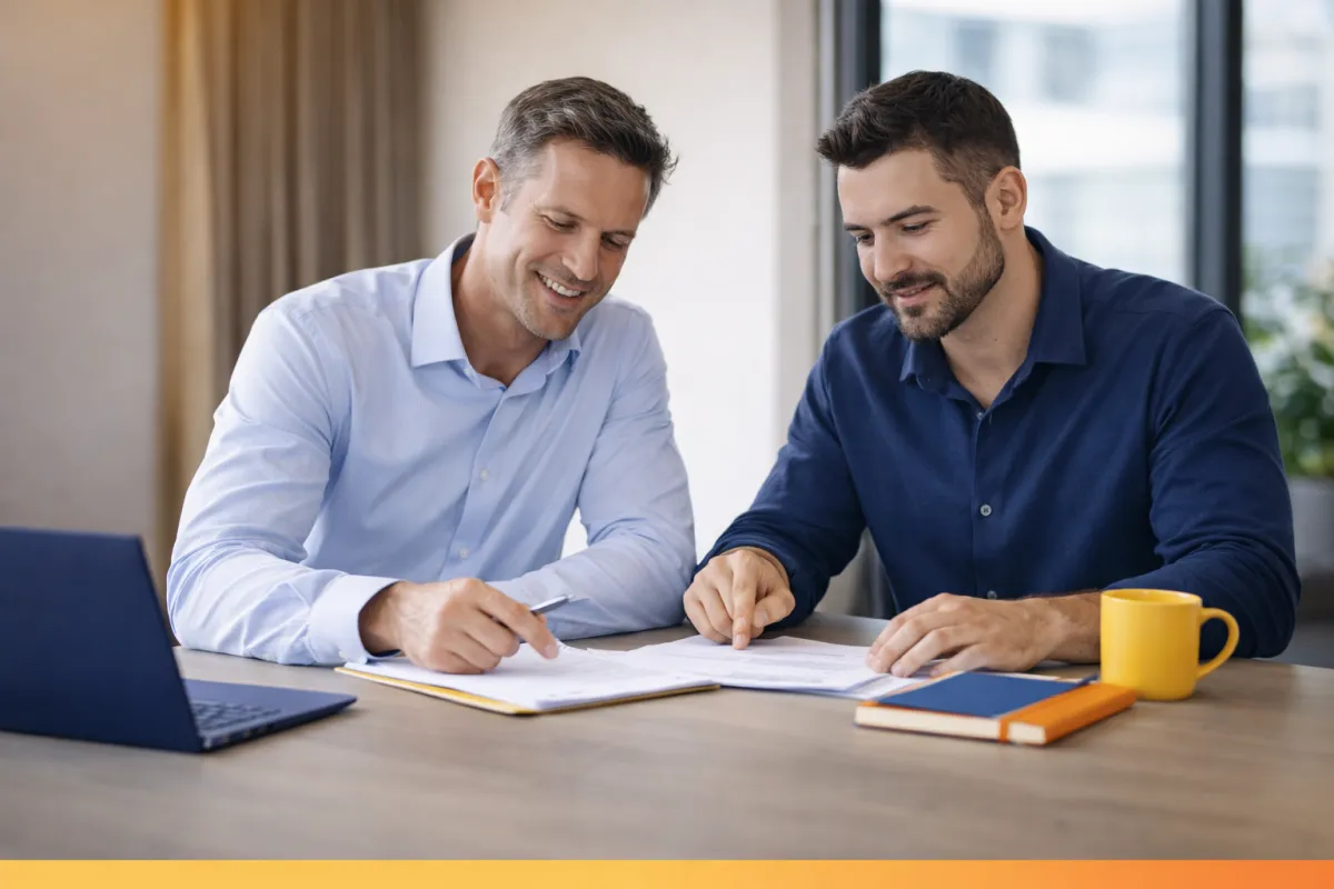 Two business professionals reviewing and discussing documents at a desk, with a laptop, notebooks, and a coffee mug on the table in a bright office setting.