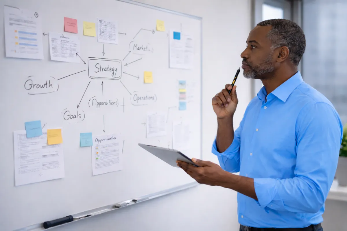 Business professional reviewing a strategy whiteboard with diagrams, notes, and goals, holding a tablet and pen while planning growth and operations.