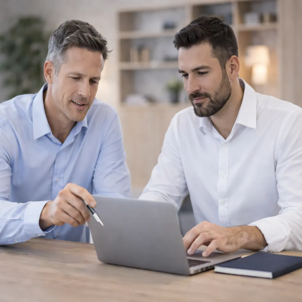 Two business professionals collaborating at a desk, reviewing content on a laptop together, with a notebook and pen nearby in a modern office setting.