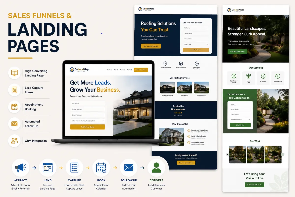 Sales funnels and landing pages designed to capture leads and book appointments