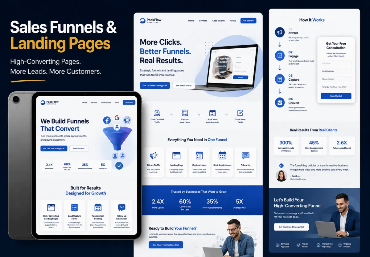 Sales funnel process turning website traffic into leads, appointments, and customers