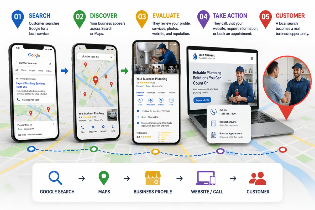 Local SEO customer journey from Google Search and Maps to calls, appointments, and customers