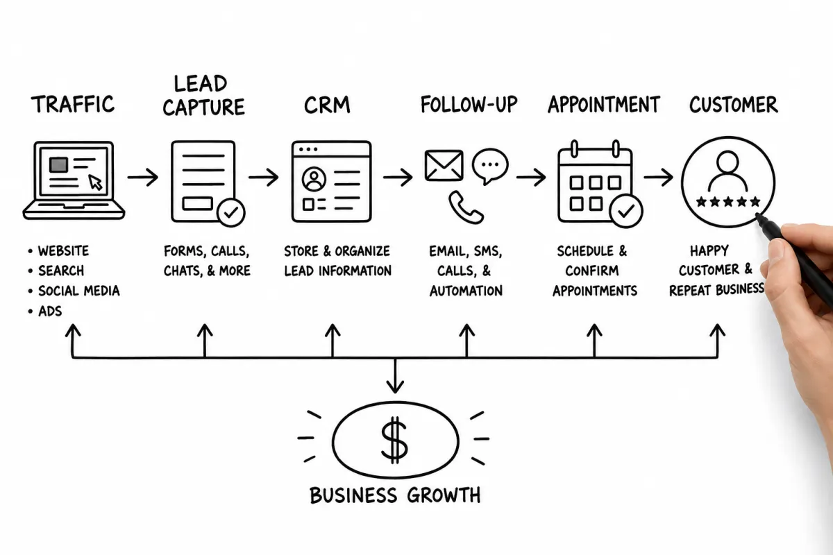 Lead generation system connecting traffic, lead capture, CRM, follow-up, and appointments