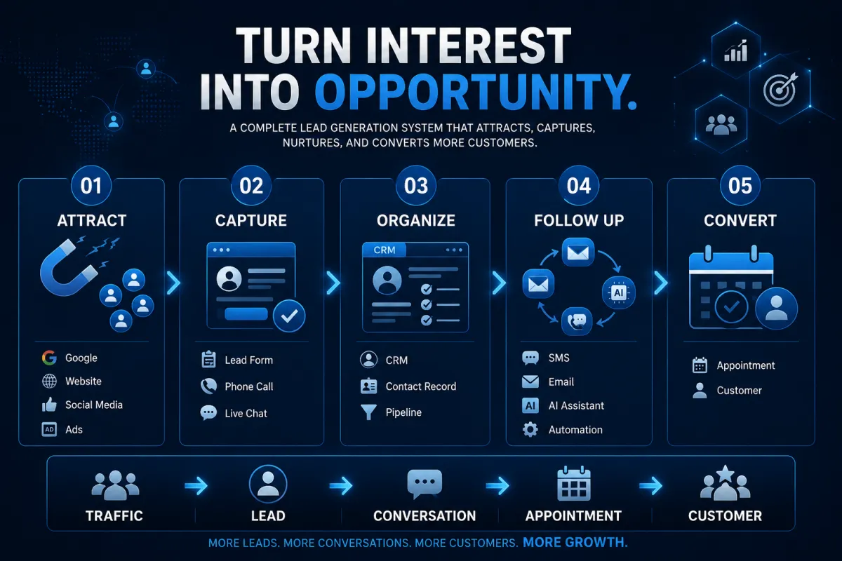 Lead generation process to attract, capture, follow up, and convert local business prospects