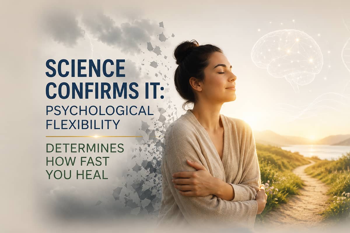 Woman peacefully embracing herself beside the headline “Science Confirms It: Psychological Flexibility Determines How Fast You Heal,” with symbolic brain and DNA graphics representing emotional healing, mental flexibility, and personal transformation.