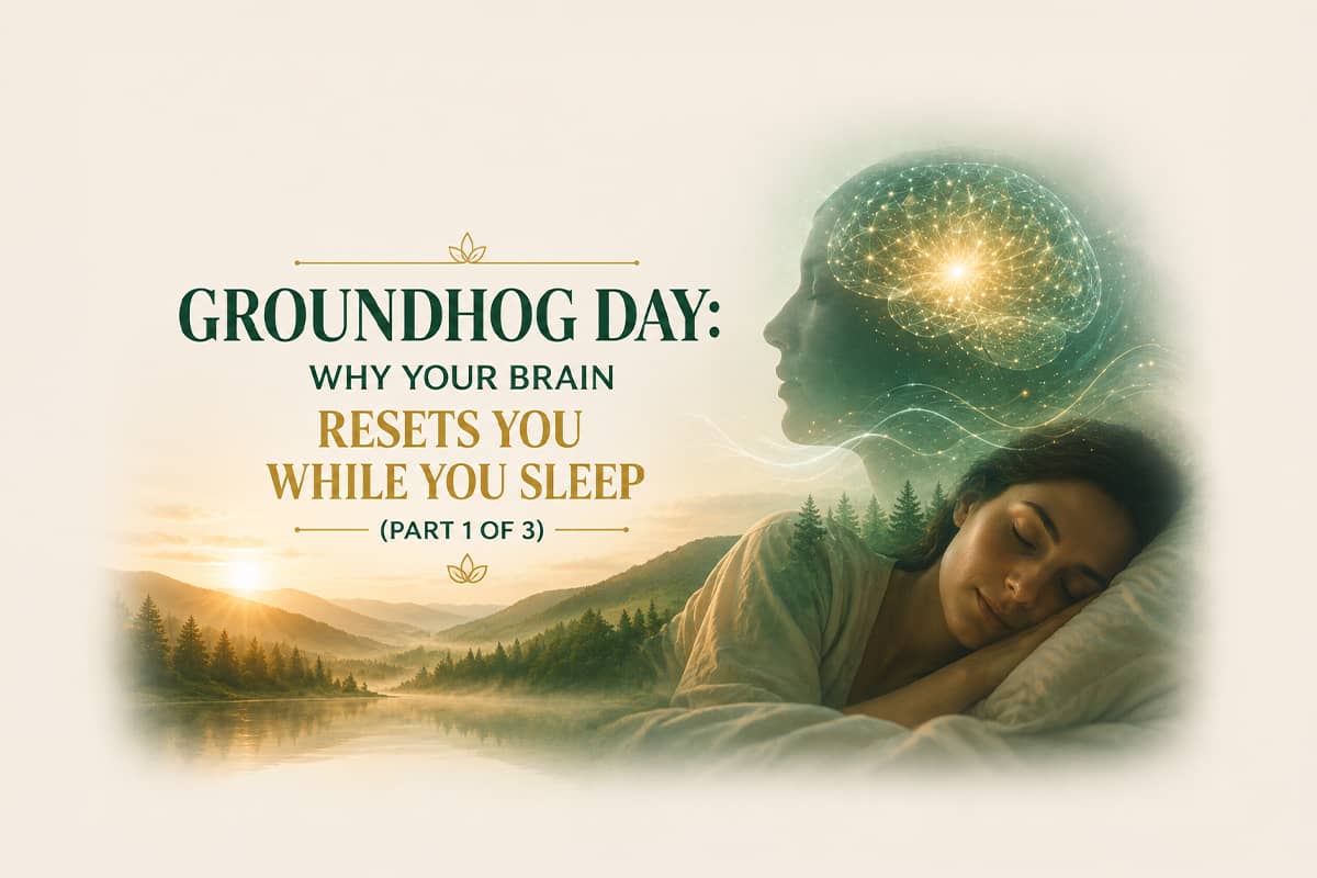 Woman peacefully sleeping beneath a glowing neural brain illustration, symbolizing subconscious programming, mental reset, and the repetitive cycles of thought and behavior that occur during sleep. Warm sunrise tones and green-and-gold accents reflect healing, awareness, and transformation.