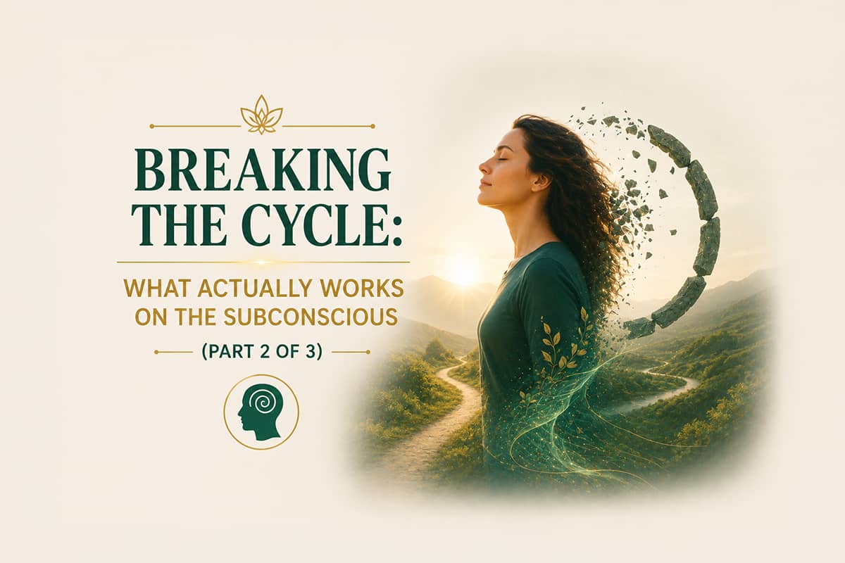 Woman peacefully standing as a circular stone loop breaks apart behind her, symbolizing breaking subconscious patterns, emotional release, personal growth, and transformation. Warm green-and-gold tones and a winding path represent healing, awareness, and moving beyond repetitive cycles.