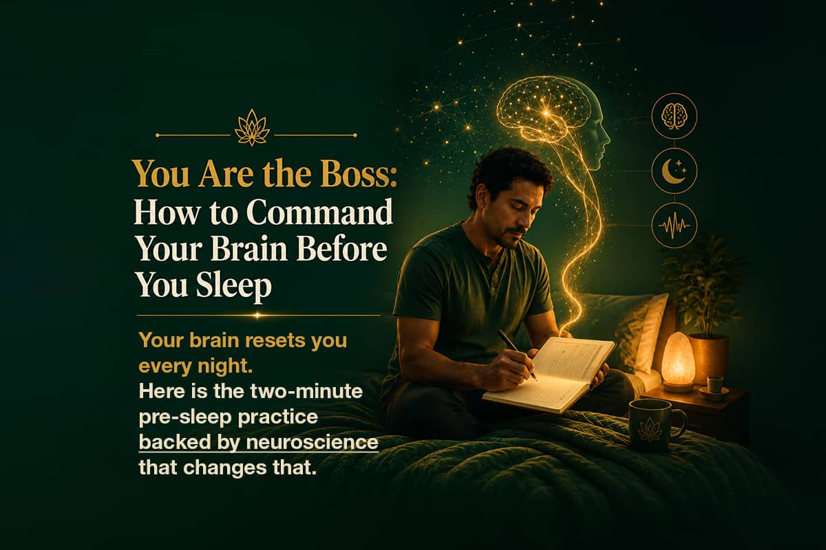 Man journaling before bed as a glowing neural brain illustration rises above him, symbolizing intentional subconscious programming, neuroscience, and the power of directing the mind before sleep. Warm green and gold tones create a calm nighttime atmosphere representing focus, self-awareness, and personal transformation.
