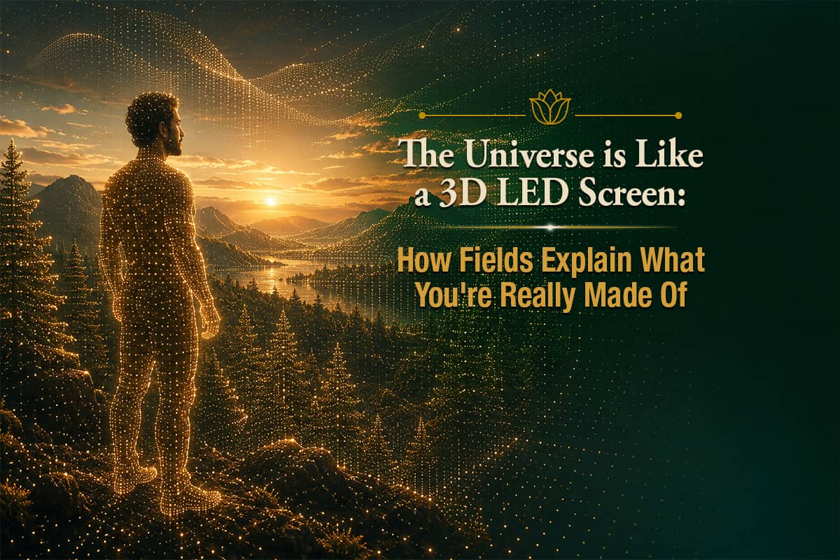 Latino man formed from thousands of glowing points of light overlooking a mountain landscape at sunrise, symbolizing that the human body and the natural world are organized patterns emerging from an invisible field. Golden particle networks and subtle electromagnetic structures illustrate the concept that reality is more like a three-dimensional display than solid matter.