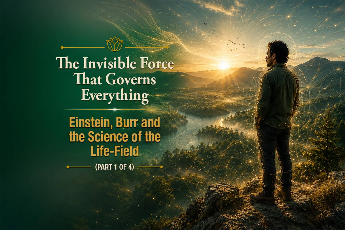 Latino man overlooking a sunrise landscape woven together by subtle golden energy lines and electromagnetic patterns, symbolizing the invisible field that connects all living systems. The image represents bioelectric fields, interconnected nature, and the scientific concept that an unseen organizing force influences the physical world.