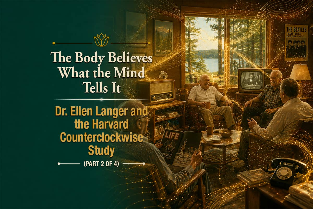 Older men gathered in a 1960s-inspired New Hampshire retreat surrounded by vintage magazines, television, radio, and furnishings, with flowing golden field patterns representing how environmental information, perception, and mindset can influence the mind-body connection.