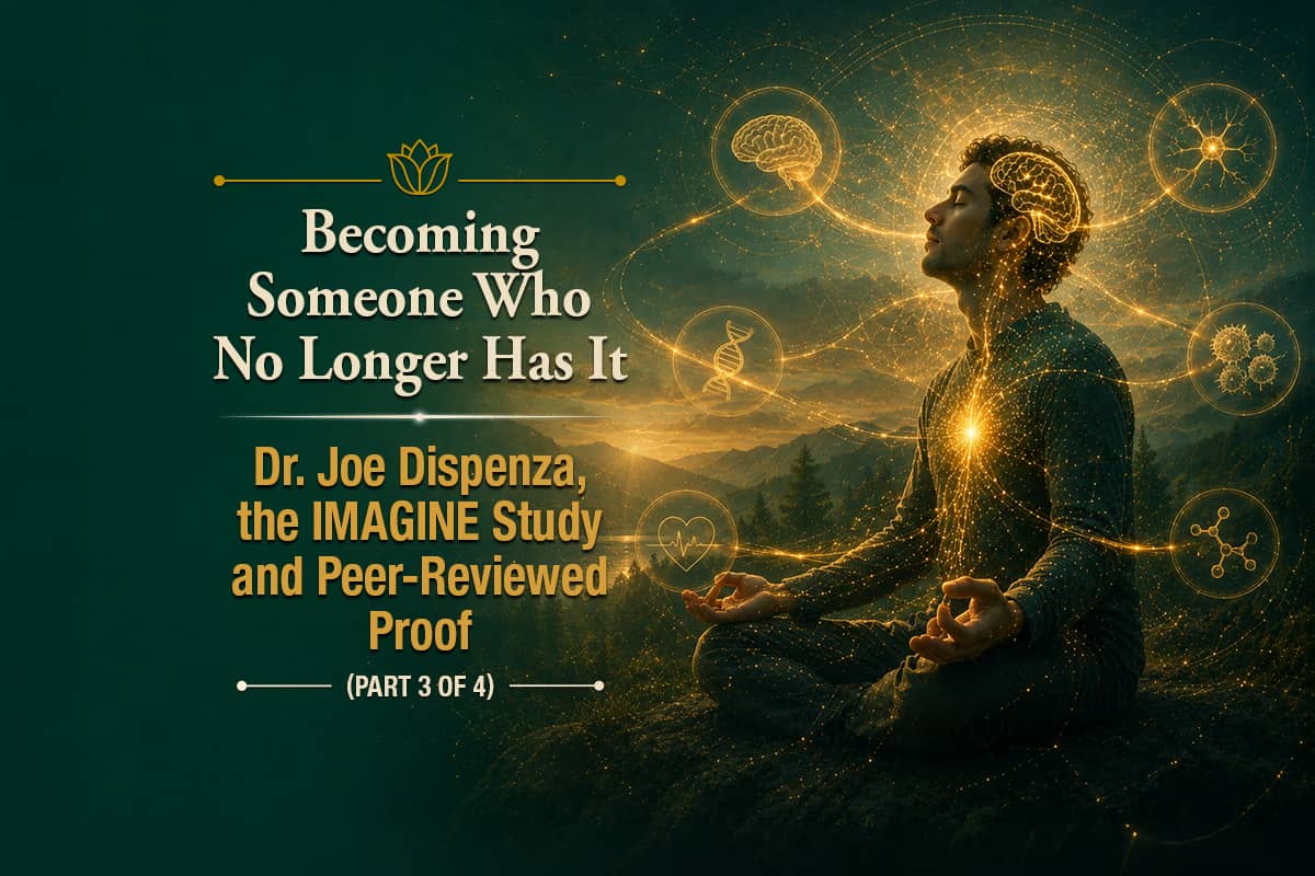 Man meditating as glowing golden pathways connect his brain, heart, DNA, neurons, cells, and biological systems, symbolizing neuroplasticity, mind-body connection, and measurable biological changes associated with meditation and personal transformation.