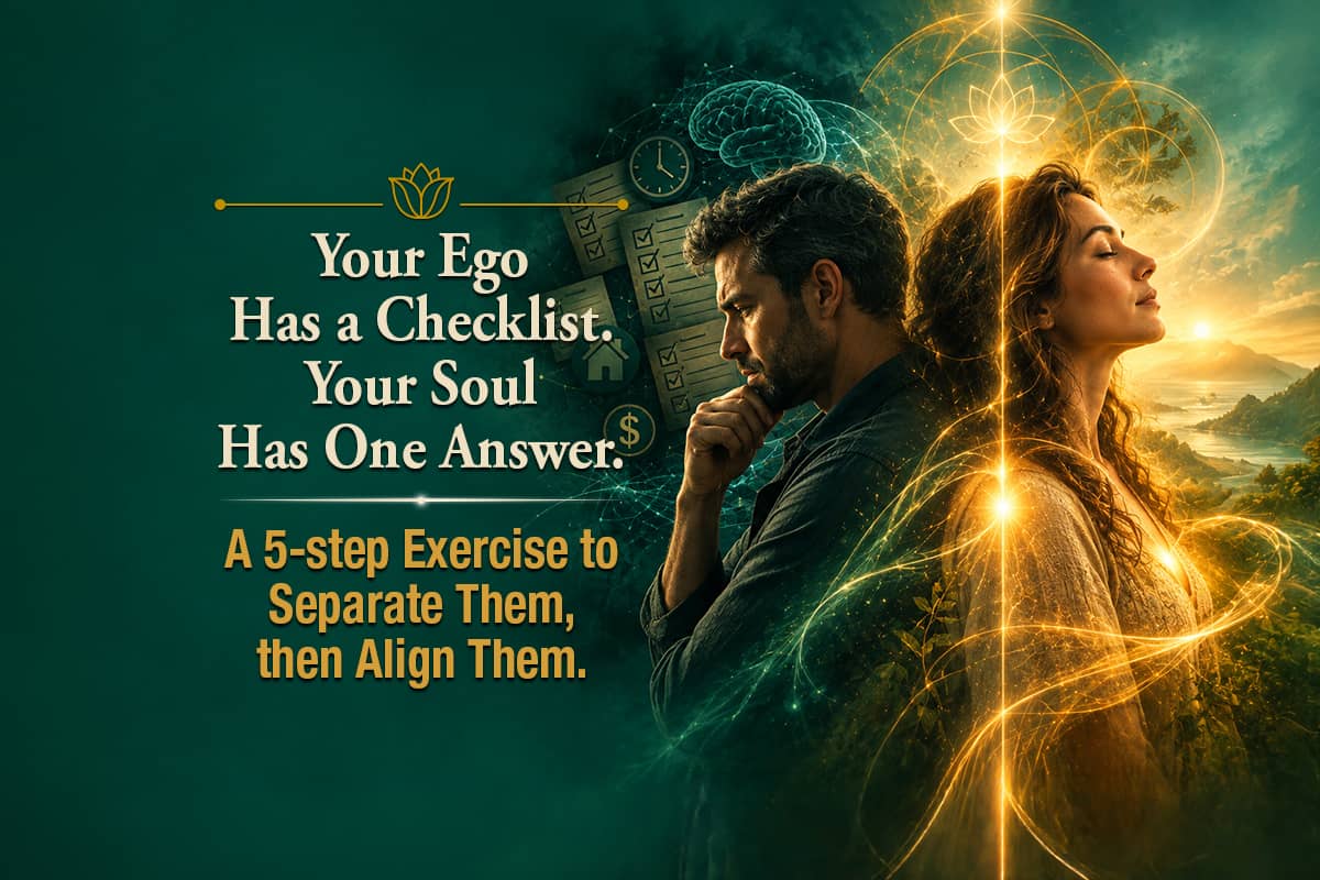 A man representing the ego and a woman representing the soul, surrounded by contrasting green and gold energy patterns, symbolizing the journey from mental checklists to inner alignment.
