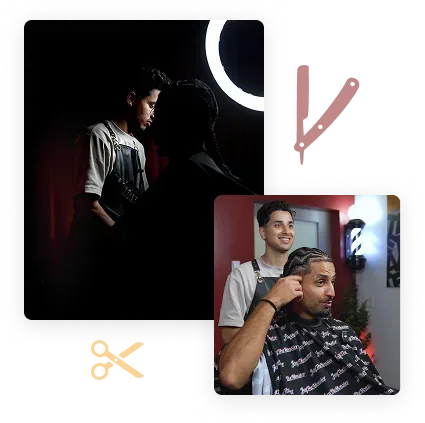 a man cutting another mans hair in a barber shop