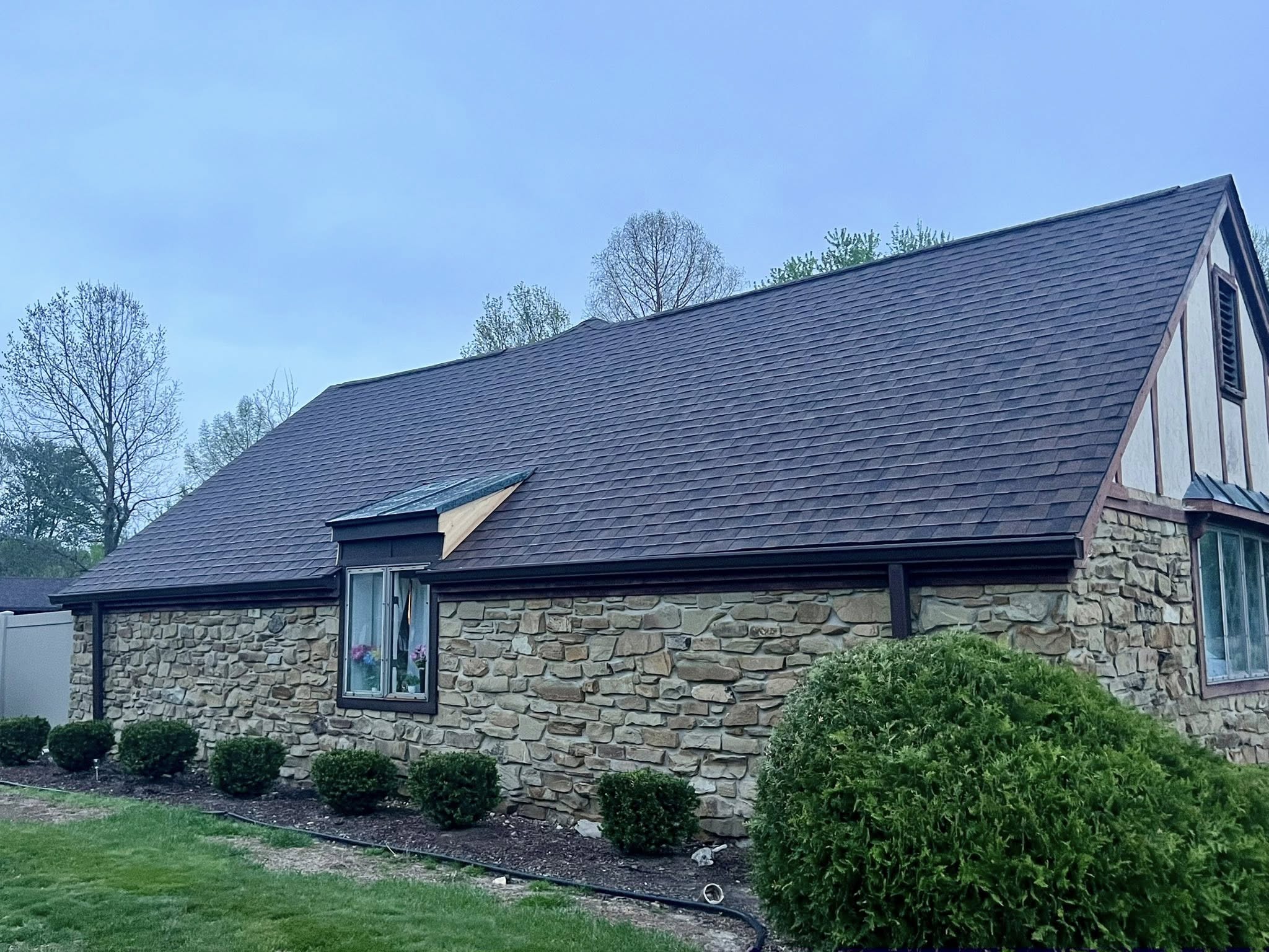 The roof of a building with a tree in the background