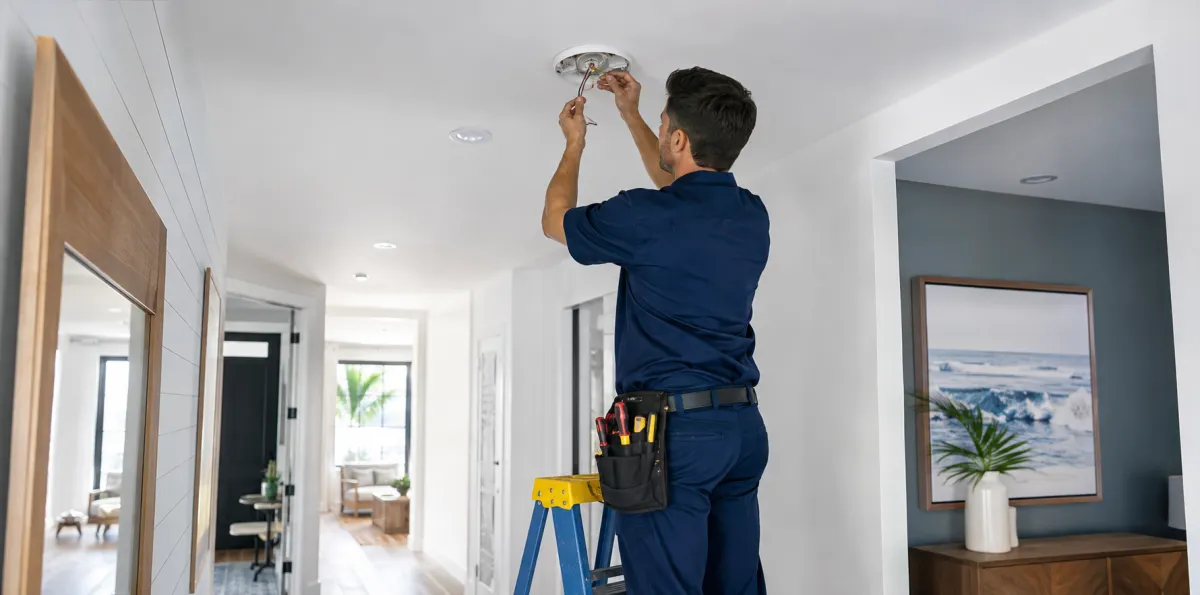 Electrician installing a hardwired smoke detector in a Port St. Lucie home