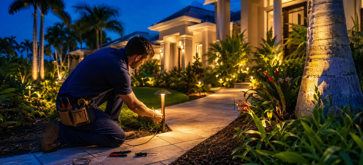 Electrician installing LED landscape lighting at a Port St. Lucie home