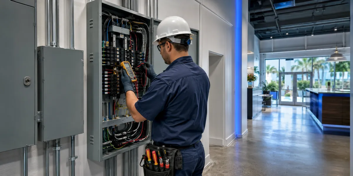 Professional electrician inspecting a commercial electrical panel in Port St. Lucie