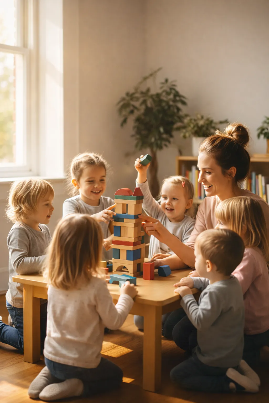 Children building with blocks under teacher guidance in a bright classroom.