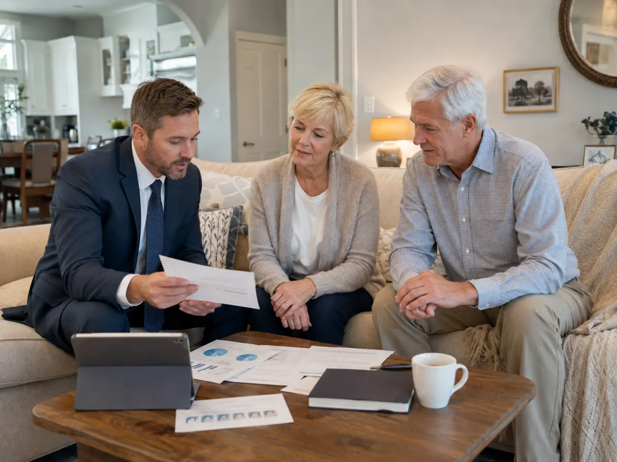 Couple reviewing documents with an advisor