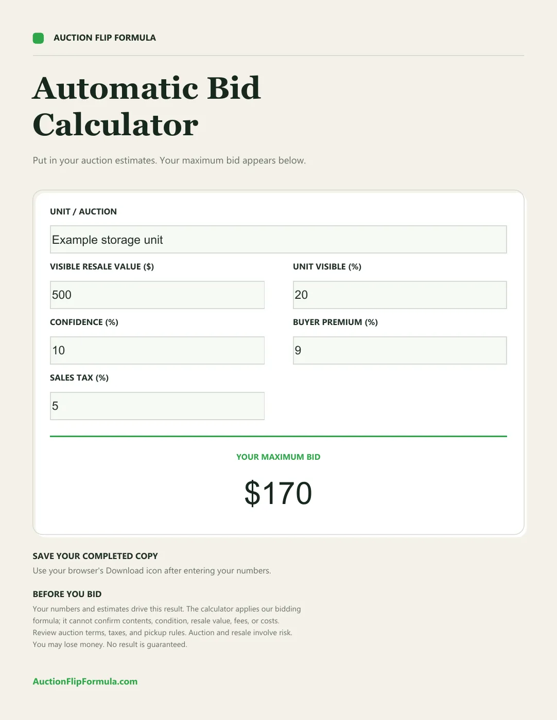 Preview of the Auction Flip Formula Automatic Bid Calculator with a sample $170 maximum bid