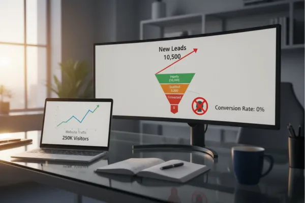 Website traffic increasing to 250K visitors while lead funnel shows zero conversions, illustrating high traffic but poor lead conversion performance.